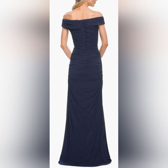La Femme 30363 Long Ruched Gown with Off the Shoulder Top NWOT Size 8 Navy Blue - Picture 2 of 5